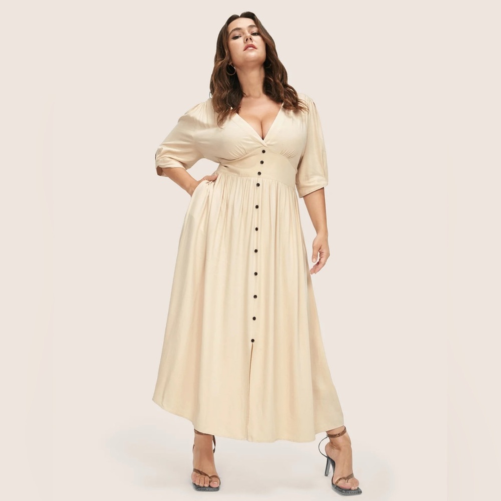 BloomChic Cream Midi Dress with Button Detail